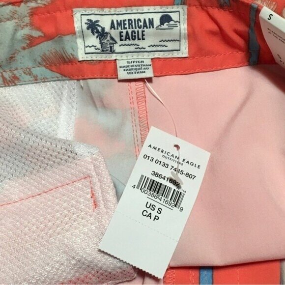 American Eagle Swim Trunk Board Short Men Small Orange Tropical Print 9" Inseam - Picture 4 of 14